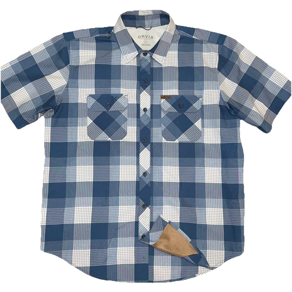 Orvis Men's Size Large Short Sleeve Button Down Shirt Plaid Multicolor Blue